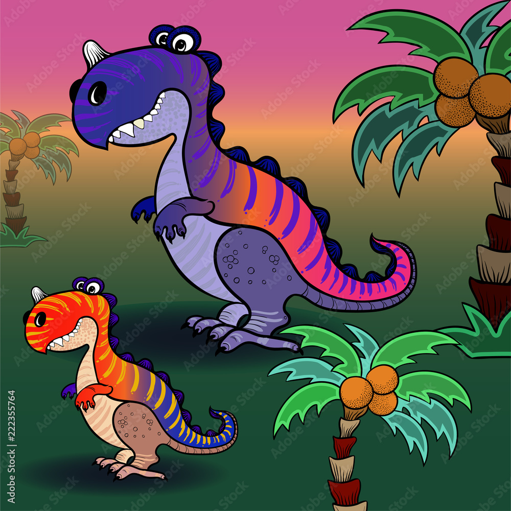 Naklejka premium Vector background image. Dinosaur and palm trees, cartoon character. Illustration for children. Use printed materials, signs, items, websites, maps, posters, postcards, 