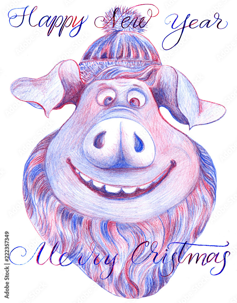 Christmas card with a pig. Pencil drawing. Happy New Year and Merry Christmas! Wallpaper. Use printed materials, signs, posters, postcards, packaging. Piglet is a symbol of 2019. Stock Illustration | Adobe Stock Christmas card with a pig. Pencil drawing. Happy New Year and Merry Christmas! Wallpaper. Use printed materials, signs, posters, postcards, packaging. Piglet is a symbol of 2019. Stock Illustration | Adobe Stock
