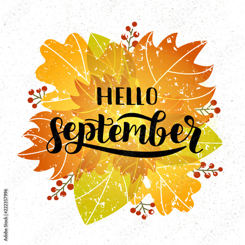 September greeting card with hand drawn lettering and autumn leaves and berries. Modern design poster with watercolor floiage of yellow and orange colors. Vector illustration EPS 10 photo