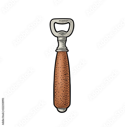 Beer bottle opener. Vintage color vector engraving illustration.