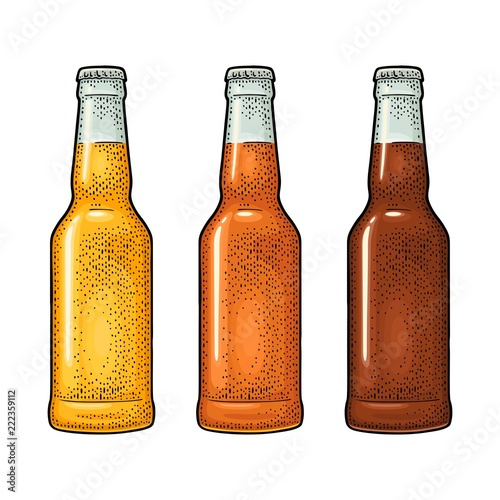 Close bottle with three types beer. Vintage color vector engraving illustration.