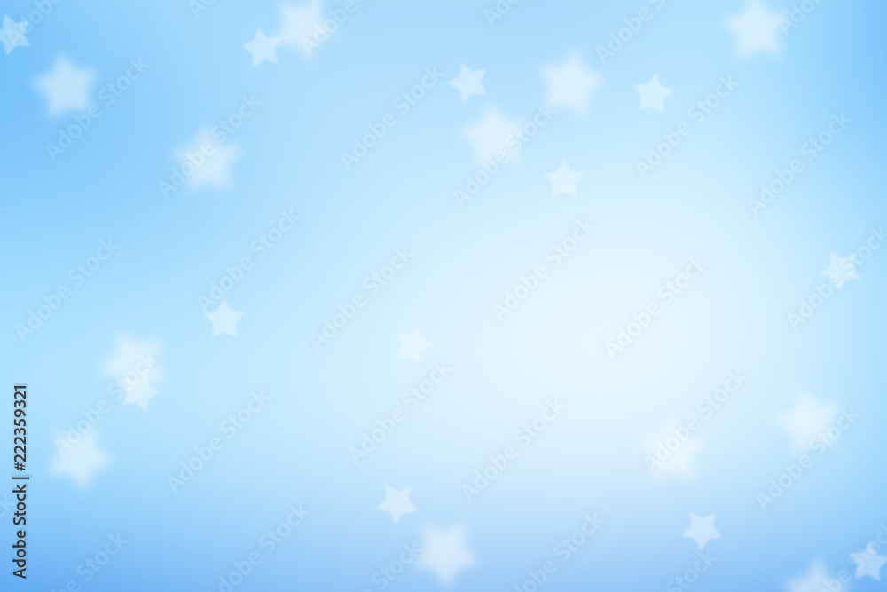 Abstract blurred white star symbols on shiny bright blue illustration background. 