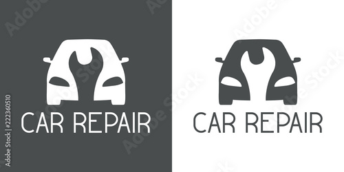 Icono plano CAR REPAIR coche con llave espacio negativo gris y blanco