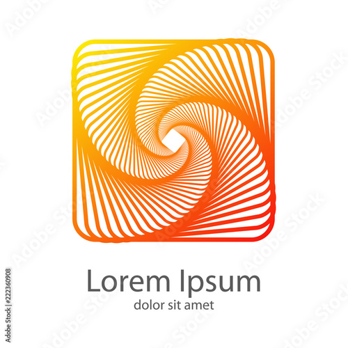 Logotipo abstracto con cuadrado lineal en espiral en amarillo y rojo