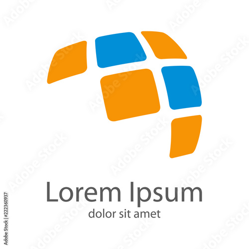 Logotipo abstracto con cuadrados en perspectiva azul y naranja