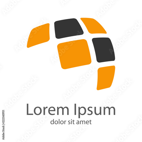 Logotipo abstracto con cuadrados en perspectiva gris y naranja