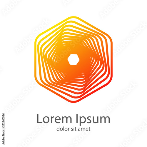 Logotipo abstracto con hexagono lineal en espiral en amarillo y rojo
