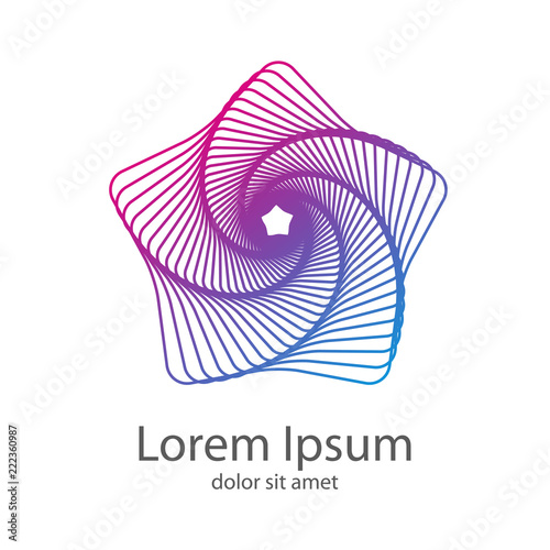 Logotipo abstracto con estrella lineal en espiral en violeta y azul