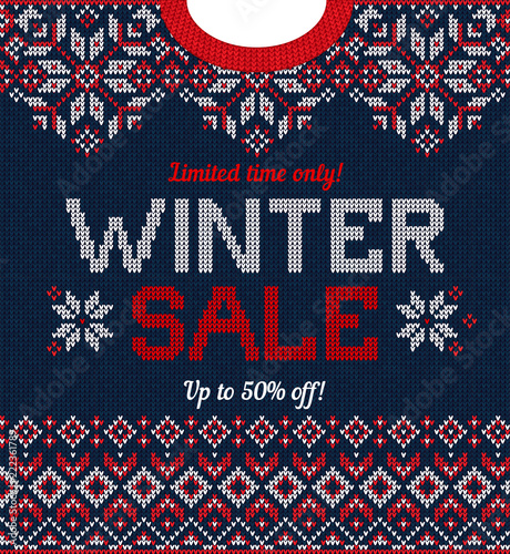 Ugly sweater Season Winter Sale Poster. Knitted background pattern scandinavian ornaments.