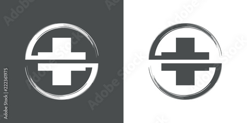 Logotipo cruz en circulo girando en horizontal en gris y blanco
