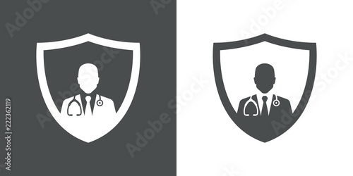 Logotipo escudo con medico en gris y blanco
