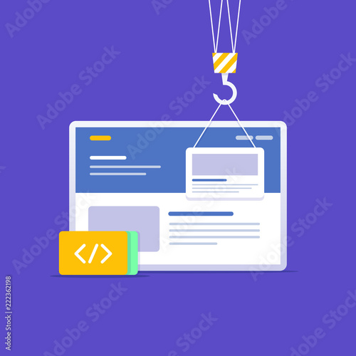 Website building concept. Website layout presented on the screen display with crane carrying drag and drop block element with code snippets in the front. Layered vector illustration in flat style.