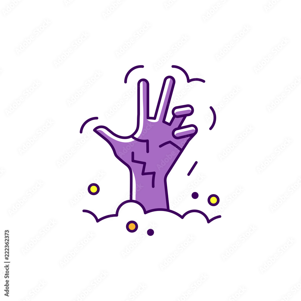Hand of the zombie, Hand from the grave. Colorful flat Halloween icon. Thin line art design, Vector outline illustration