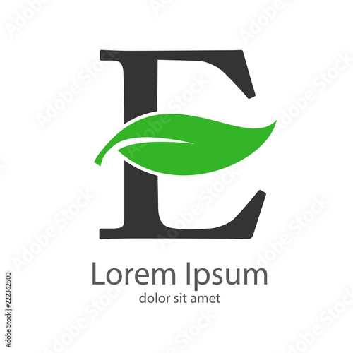 Logotipo letra E gris con hoja verde