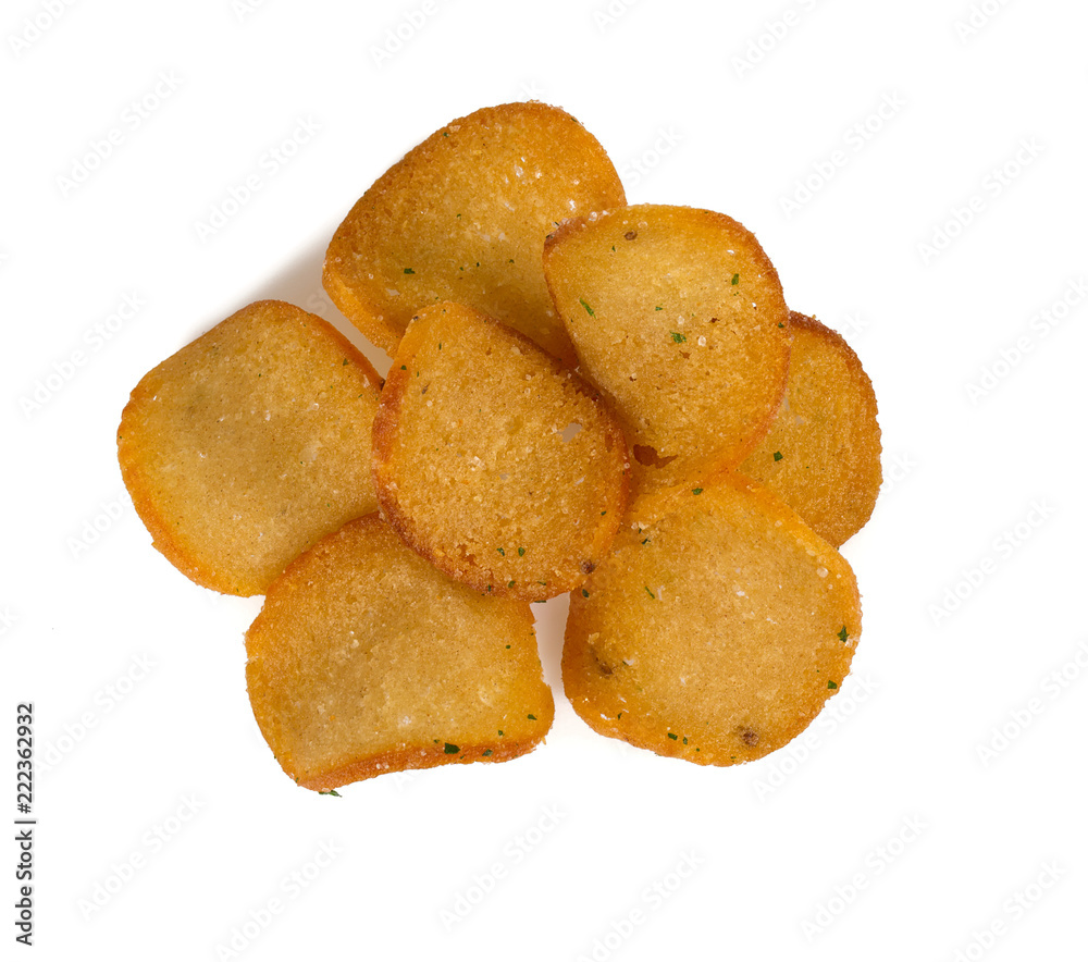 baked bread chips with dill and onions isolated on white baked bread chips with dill and onions isolated on white