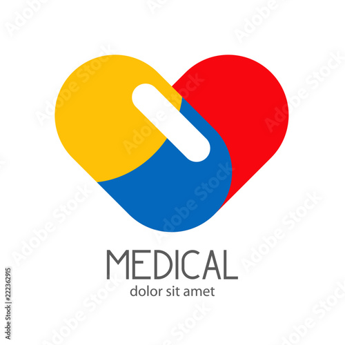 Logotipo MEDICAL con corazon con pildora amarilla y azul