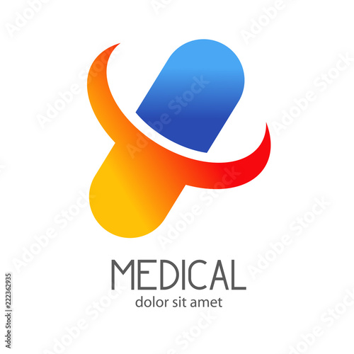 Logotipo MEDICAL con pildora y circulo en azul y naranja