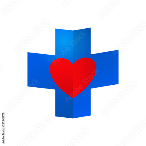 Logotipo medico cruz con corazon perspectiva azul y rojo