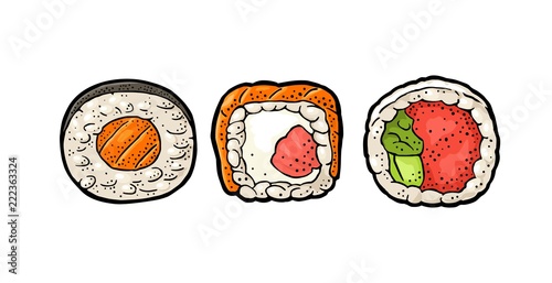 Set Sushi roll. Isolated on white background. Vector flat color illustration