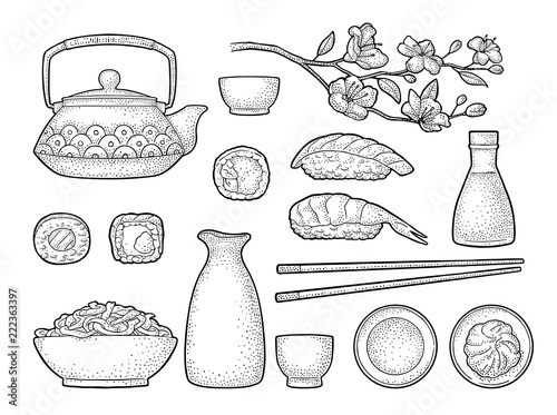 Set Sushi. Vintage black vector engraving isolated on white background.