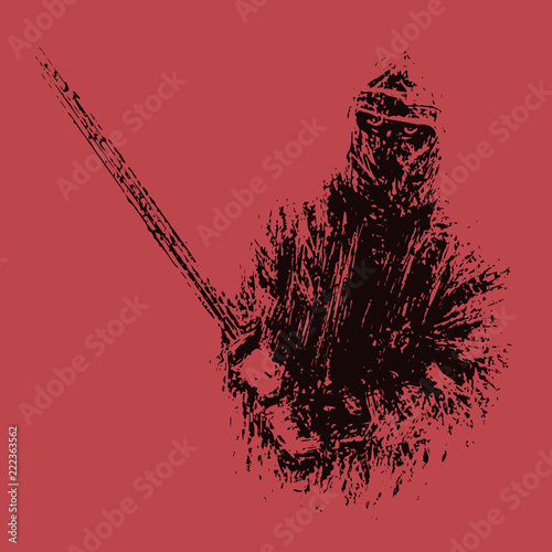 Ninja with sword preparing to attack. Vector illustration.