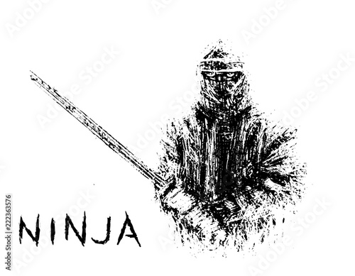 Ninja with sword preparing attack. Vector illustration.