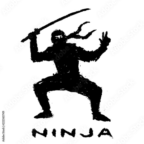 Ninja with sword preparing to attack. Vector illustration.