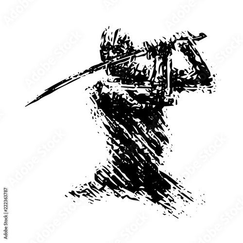 Ninja with sword preparing to attack. Vector illustration.