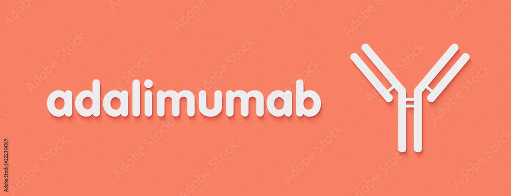 Adalimumab monoclonal antibody drug. Anti-inflammatory TNF-alpha inhibitor used in treatment of rheumatoid arthritis, psoriasis, etc. Generic name and stylized antibody representation. Adalimumab monoclonal antibody drug. Anti-inflammatory TNF-alpha inhibitor used in treatment of rheumatoid arthritis, psoriasis, etc. Generic name and stylized antibody representation.