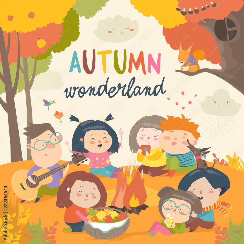 Fototapeta premium Cute friends sitting around bonfire in autumnal forest