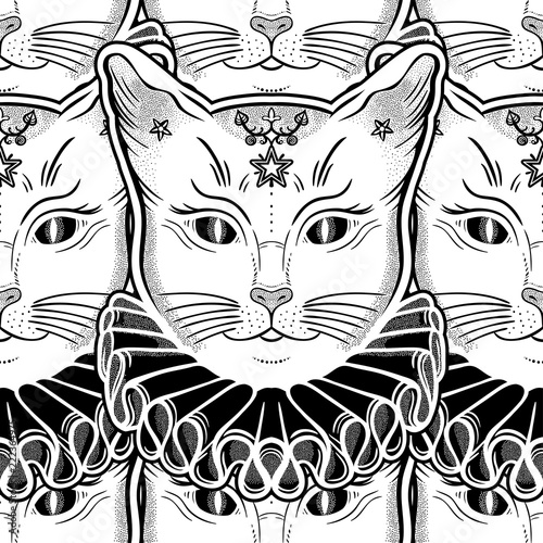 Black cat in a vintage collar seamless pattern.