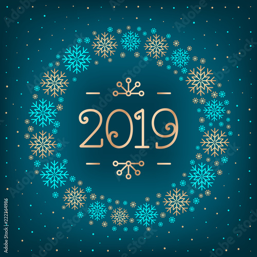 2019 text Christmas card Happy New Year holiday greeting card. 2019 number, wreath of snowflakes, dark turquoise elegant background. Thin line design, Vector illustration