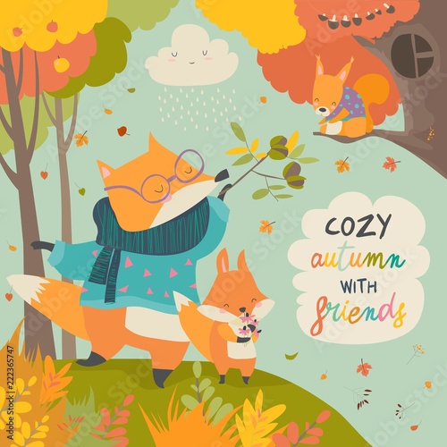Red fox father and son in autumn forest