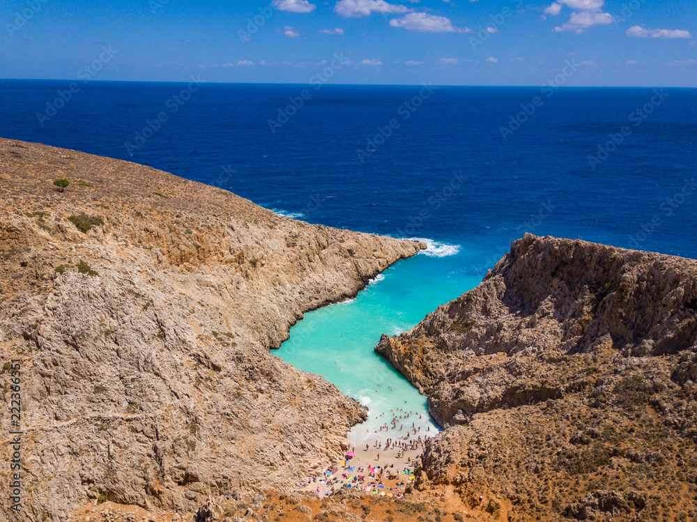 Aerial view of Seitan Limania Beach. Photo from drone to beach and sea. Beautiful wallpaper. Crete, Greece.