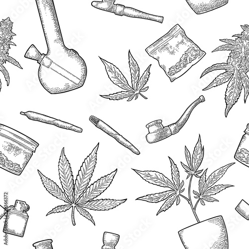 Seamless pattern with marijuana leaf. Vintage black vector engraving illustration