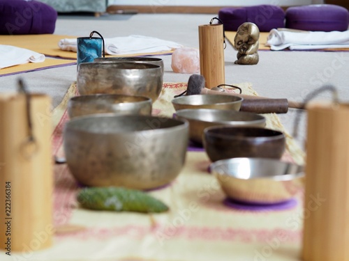 Set up for sound healing with singing bowls and a koshi chime