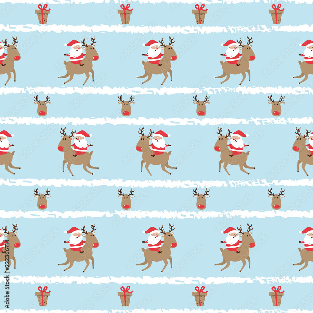 Seamless striped Christmas pattern with Santa Claus and deer. Wrapping paper design.
