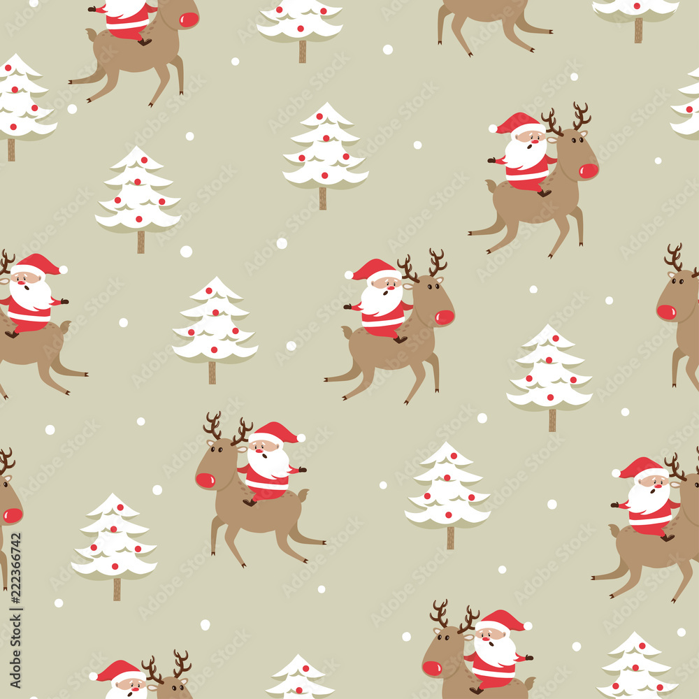 Seamless Christmas pattern with cute Santa Claus, deer and christmas tree. Wrapping paper design.