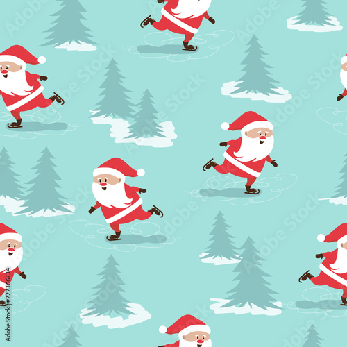 Merry Christmas seamless pattern with skating Santa Claus.