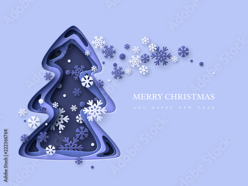 Christmas holiday background. Paper cut Christmas tree with snowflakes. 3d layered effect in blue colors. Vector illustration.