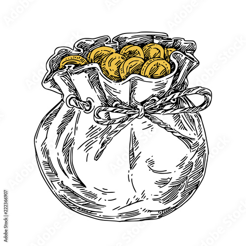 Vintage sack of coins tied with rope. Engraving style. Vector illustration
