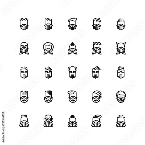 Twenty five  icons of male haircuts, beard, mustaches isolated on white background. Emoji and avatars flat style set.