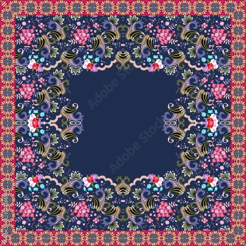Ornamental frame with paisley and flowers in indian style. Space for text. Wrapping design. Bandana print, carpet, tablecloth.