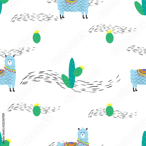 Childish seamless pattern with cute llama and cactus. Creative texture for fabric, textile