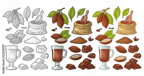 Chocolate piece, bar and shave. Vector vintage black engraving