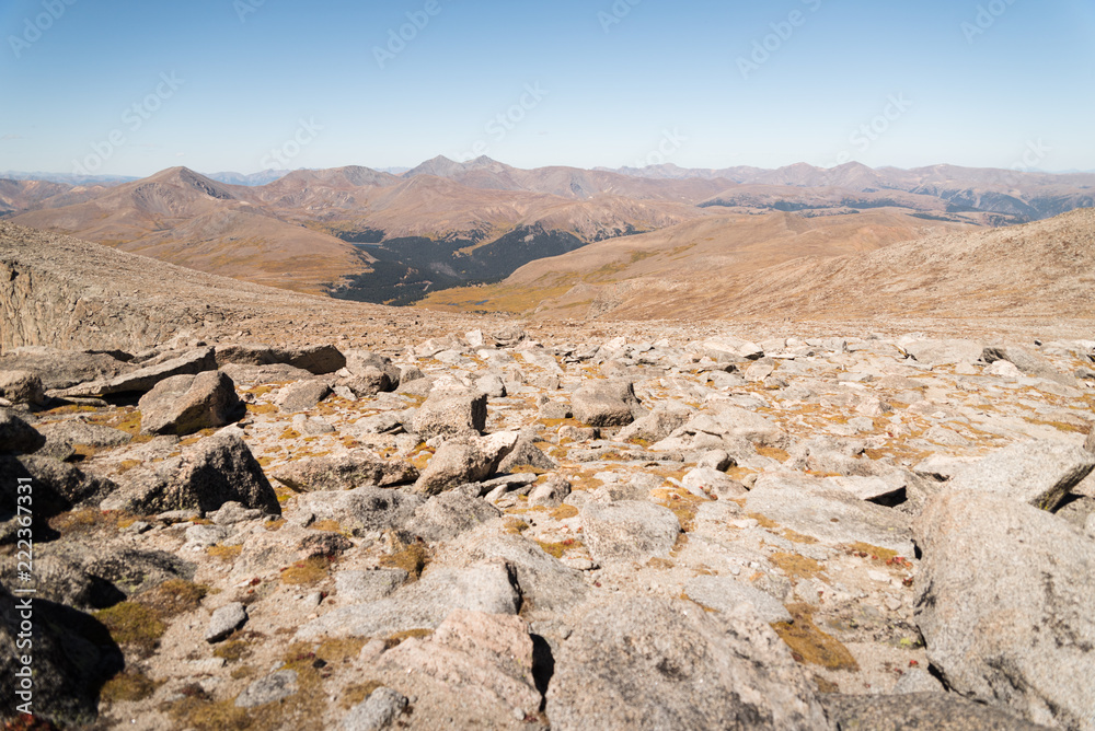 Landscape view of the Rocky Mountains from the top of Mount Evans in Colorado. 