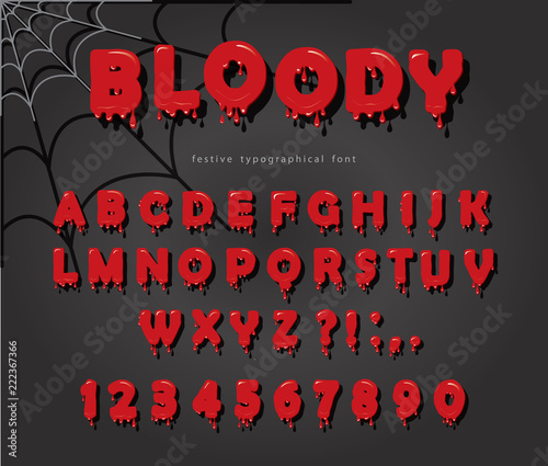 Halloween blood font. Abc bright red liquid letters and numbers.