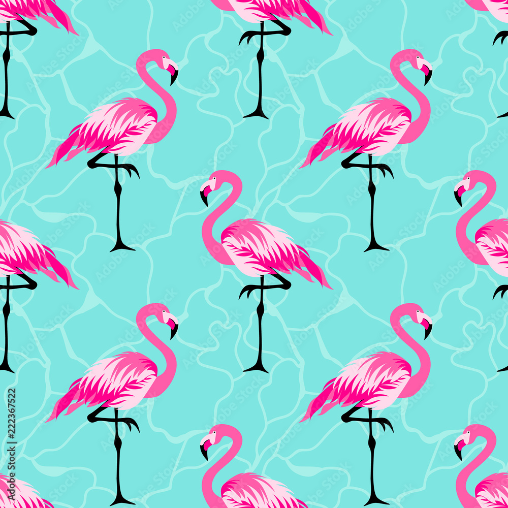 Obraz premium Seamless pattern with pink cute flamingo on a blue background