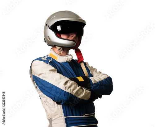 Professional formula pilot wearing a racing suit for motor sports.
