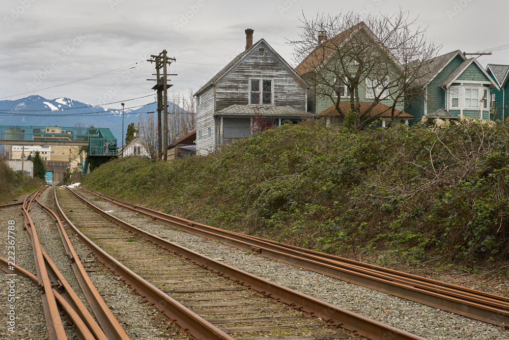 Naklejka premium Urban Railroad Tracks, Vancouver. Railroad tracks running through an urban centre.